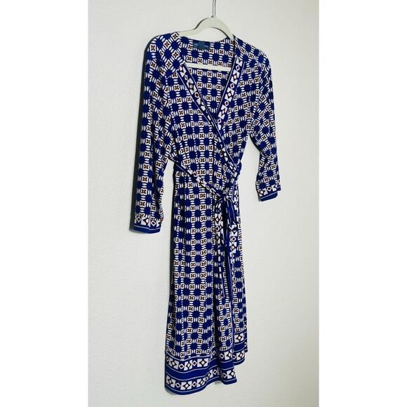 A Pea in the Pod Maternity Wrap Dress Blue White Red Mod Patterned Large - Picture 2 of 8